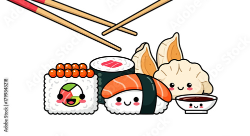 Cute Kawaii Sushi and Dumplings with Chopsticks and Soy Sauce.
