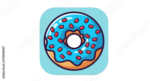 Delicious cartoon donut with blue icing and colorful sprinkles on a light blue background.