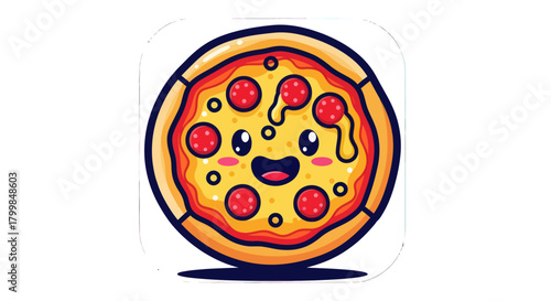 Cute Kawaii Pizza Character with Happy Face.