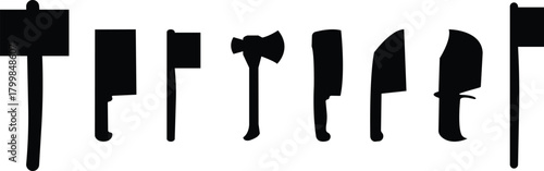 Axe, Hammer, and Knife Icon Set, Collection and Group of Sharp Tool, Weapon, and Blade Symbols, Black Flat Vector Battle Equipment, Woodcutting Tool, and Metal Armory Design