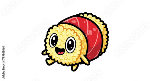 Cute cartoon sushi roll character with happy face and arms.