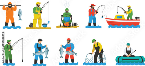 Fishing activity illustration set with boat fishing, shore fishing, netting, cooking, and catch display in colorful cartoon style