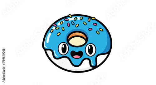 Cute Cartoon Donut with Blue Icing and Sprinkles Character.