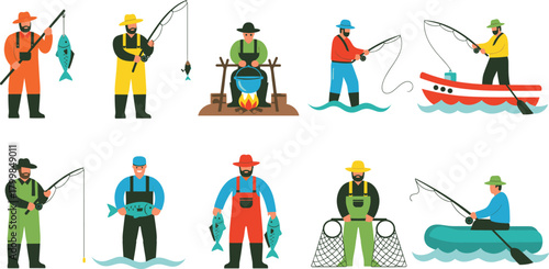 Fishing activity illustration set with rods, nets, boats, campfire cooking, and catch display in colorful cartoon style