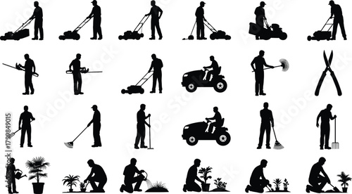 Gardening and landscaping silhouette set with mowing, raking, watering, digging, and trimming tools in black vector style