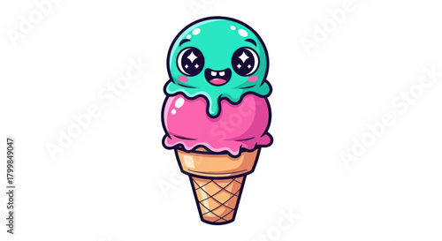 Cute Cartoon Ice Cream Cone with Kawaii Face and Two Scoops.