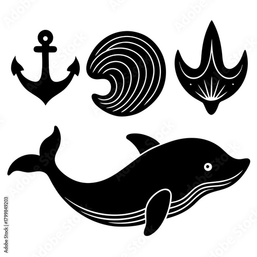 Nautical icons featuring dolphin anchor seashell and stylized wave