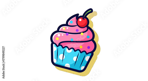 Cute cartoon cupcake with pink frosting and a cherry on top.