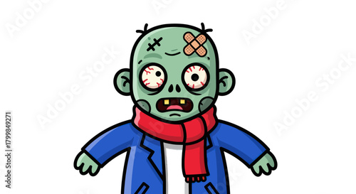 Cute cartoon zombie character with a red scarf.
