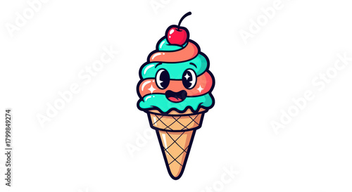 Cute cartoon ice cream cone with a cherry on top.