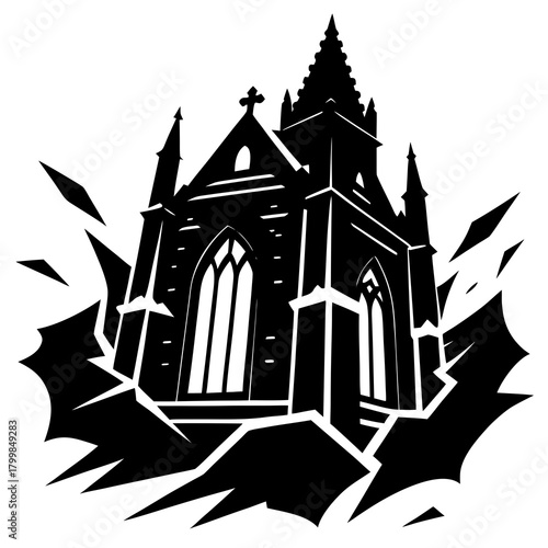 Gothic church silhouette emerging from shattered ground with sharp edges
