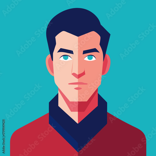 Modern geometric portrait of a young man with blue eyes and dark hair