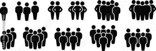 Group size progression silhouette set from one to ten people in black vector style for population and social concepts