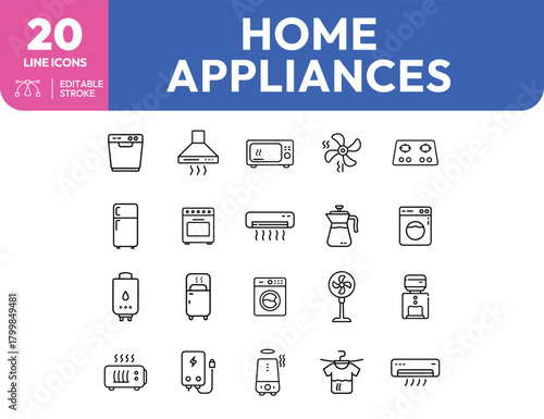 Collection of twenty minimalist line icons representing various home appliances