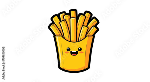 Cute kawaii french fries cartoon character smiling happily.