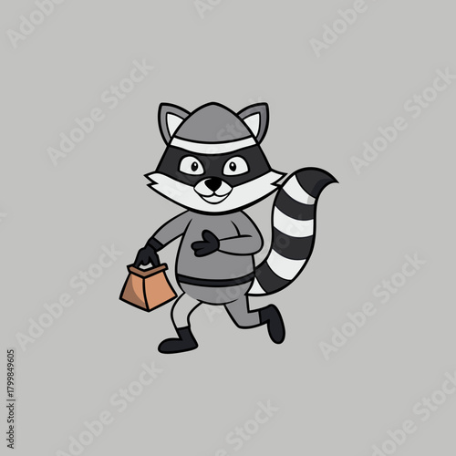 Cartoon bandit raccoon running with a bag of loot