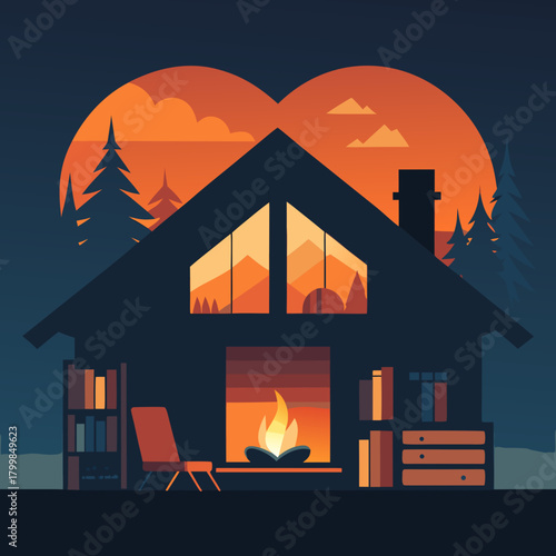 Cozy cabin interior scene with fireplace and mountain sunset view