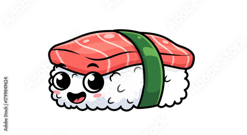 Cute Sushi Character with Salmon Topping and Cheerful Expression.