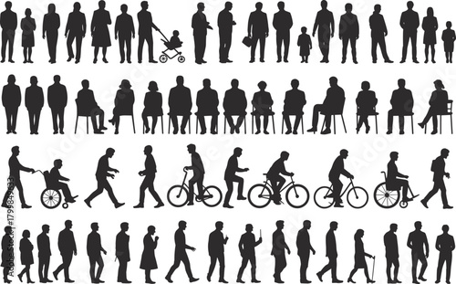 Inclusive human silhouette set with walking, sitting, biking, stroller, wheelchair, and diverse postures in black vector style