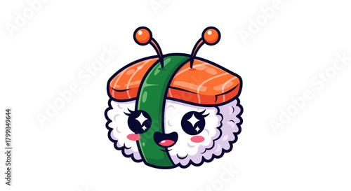 Cute Kawaii Sushi Character with Antennae Smiling Adorably.