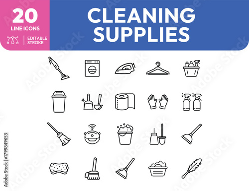 Line art icons depicting various cleaning tools and appliances for household chores
