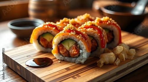 Fresh Japanese salmon sushi rolls, a gourmet seafood meal or appetizer on a white plate.	