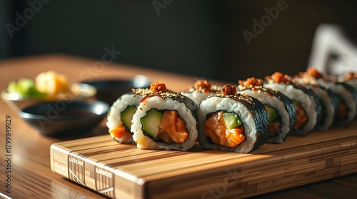 Fresh Japanese salmon sushi rolls, a gourmet seafood meal or appetizer on a white plate.	