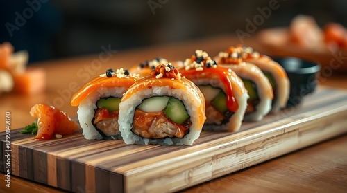 Fresh Japanese salmon sushi rolls, a gourmet seafood meal or appetizer on a white plate.	