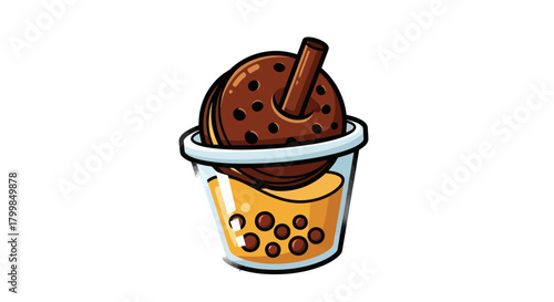 Delicious Boba Tea Drink with Brown Tapioca Pearls in a Clear Cup.