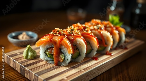 Fresh Japanese salmon sushi rolls, a gourmet seafood meal or appetizer on a white plate.	