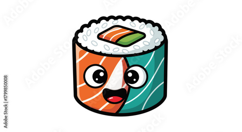 Cute sushi roll with happy face and delicious ingredients.