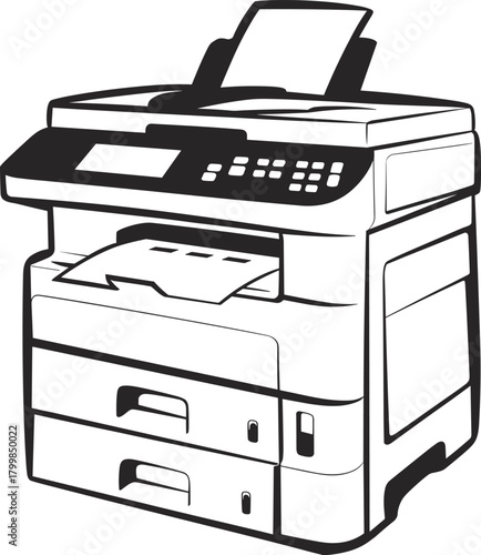 Multifunction printer illustration with paper tray, control panel, document feeder, and output sheet in black vector style