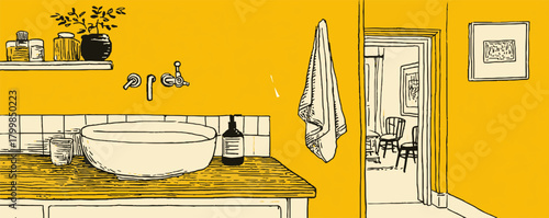 A bathroom with a sink, a bottle, a chair, and a picture on the wall. The bathroom is yellow and has a vintage feel