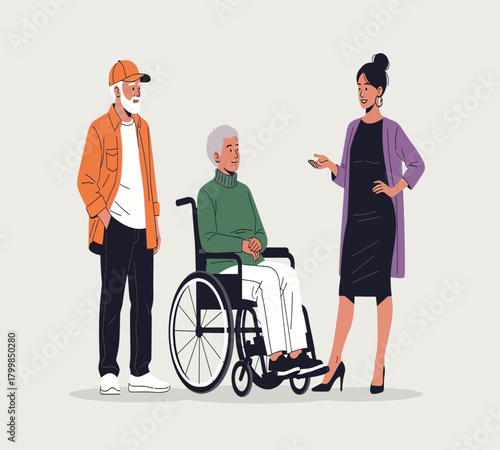 Illustration of a group of people stand together, including an elderly man in a wheelchair, illustrating care and support, isolated on white background