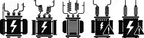 Electrical transformer icons vector set, high voltage equipment illustration, power distribution artwork, safety warning concept, energy infrastructure design elements collection