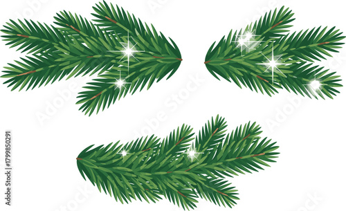 Pine branch illustration set with needle leaves, white sparkles, and decorative shading in festive black vector style