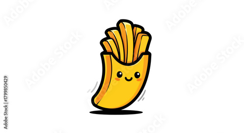 Cute cartoon french fries in a yellow paper container smiling happily.