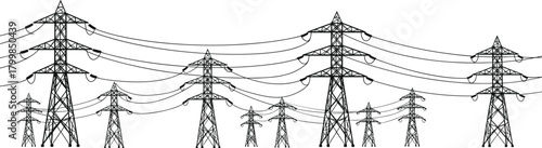 Electrical transmission towers silhouette vector, high voltage power lines illustration, electricity grid infrastructure artwork, energy distribution system design, lattice tower engineering concept