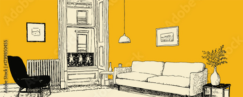 A yellow room with a couch, chair, and vase. The couch is white and the chair is black