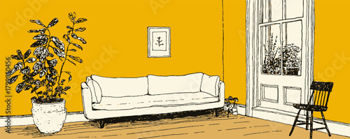 A yellow room with a couch, chair, and potted plant. The couch is white and the chair is black