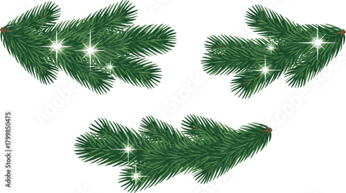 Pine branch illustration set with needle leaves, brown stems, and glowing sparkles in festive black vector style