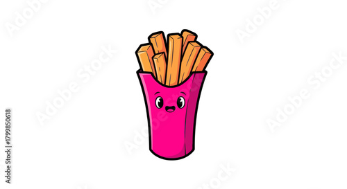 Cute Cartoon French Fries Character in Pink Container.