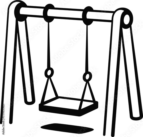 Playground swing set illustration with seat, ropes, A-frame structure, and shadow in black vector style