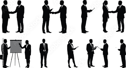Business silhouettes, professionals, teamwork, handshake, meeting, presentation, discussion, collaboration, corporate, communication, networking, office, partnership, leadership, strategy