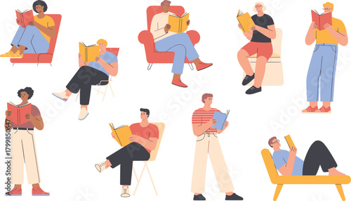 Reading activity illustration set with seated and standing characters holding colorful books in casual cartoon style