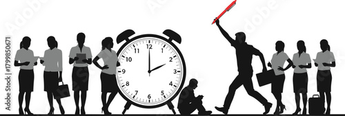 Business teamwork, time management, office deadline, corporate stress, productivity race, professional competition, clock pressure, urgency concept, success achievement, career growth