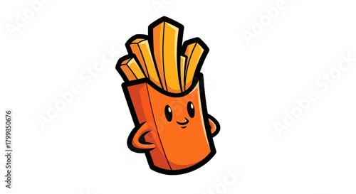 Cute French Fries Character with Happy Face and Arms.