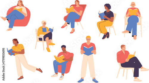 Reading scene set with seated and standing individuals holding books in casual poses and colorful outfits in vector style
