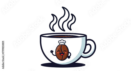 Cute coffee cup with a smiling coffee bean character.