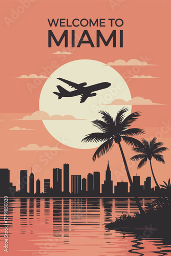 Miami florida travel poster with skyline, urban buildings, and flying plane, retro american vector illustration ideal for decorative wall art and home interiors.